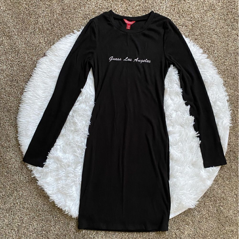 Guess Jeans Black Ribbed Dress Long Sleeves Tight Fitting Stretch Womens Size XS